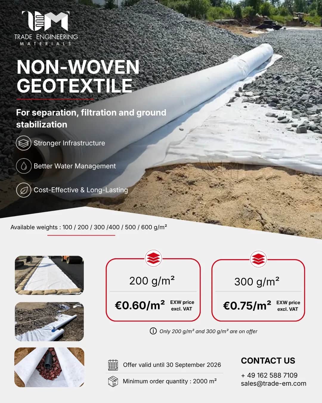 Geotekstil 300 g/m² – 0,75 €/m²